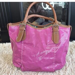 Vintage Boden Pink Canvas Tote Bag Bucket Purse with Brown Leather Trim